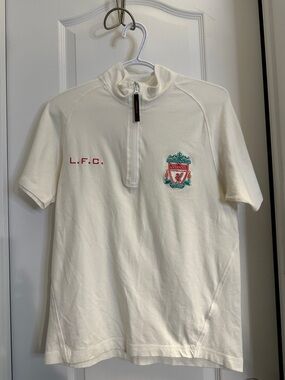 Liverpool White Short-Sleeve Quarter Zip Polo with Crest me s size small